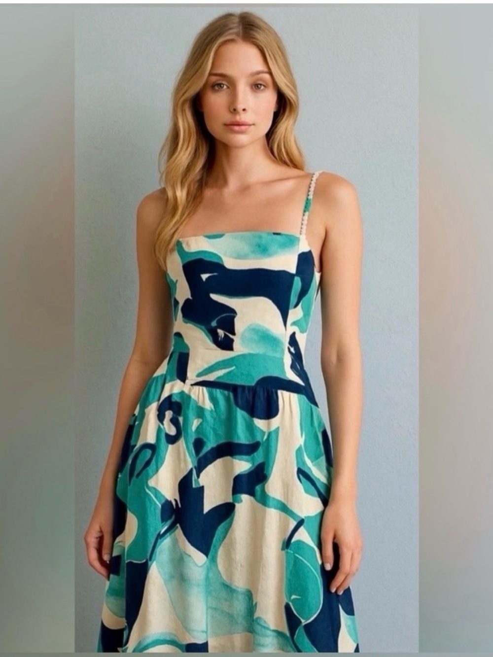 Christian Lacroix designer linen blend blue green resortwear vacation dress S